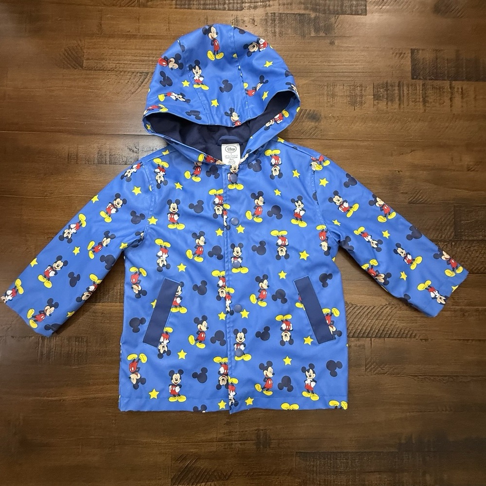 Disney Parks Mickey Mouse Blue Hooded Snap Button Raincoat Unisex Jacket Size 3